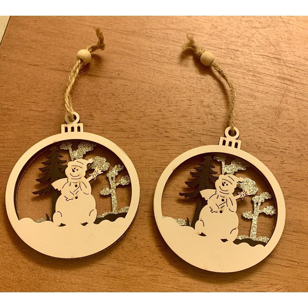 Set Of 2 Snowman With Trees 3D Wooden Christmas ornaments. Glitter‎